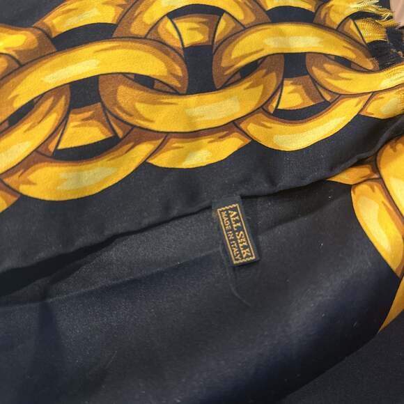 PALOMA PICASSO Large Twill Silk Scarf Chains Black Gold 68” X 33” fringe - Picture 4 of 5